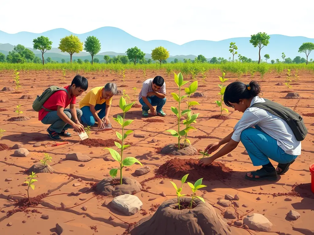 A group of volunteers planting trees in a deforested area, symbolizing reforestation and habitat restoration efforts.