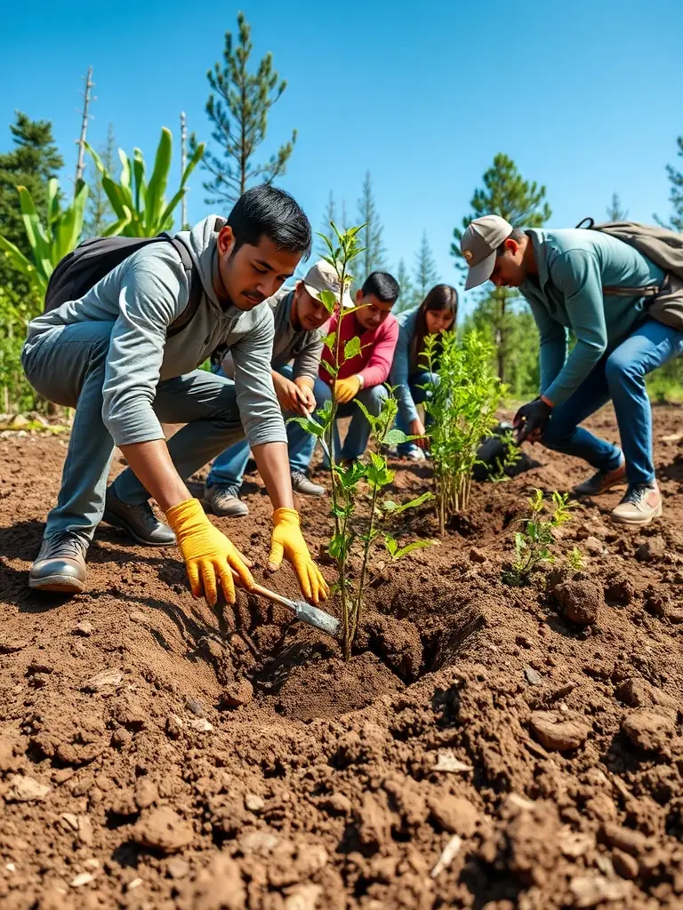 Volunteers planting trees in a deforested area, showcasing the organization's commitment to habitat restoration and environmental conservation.