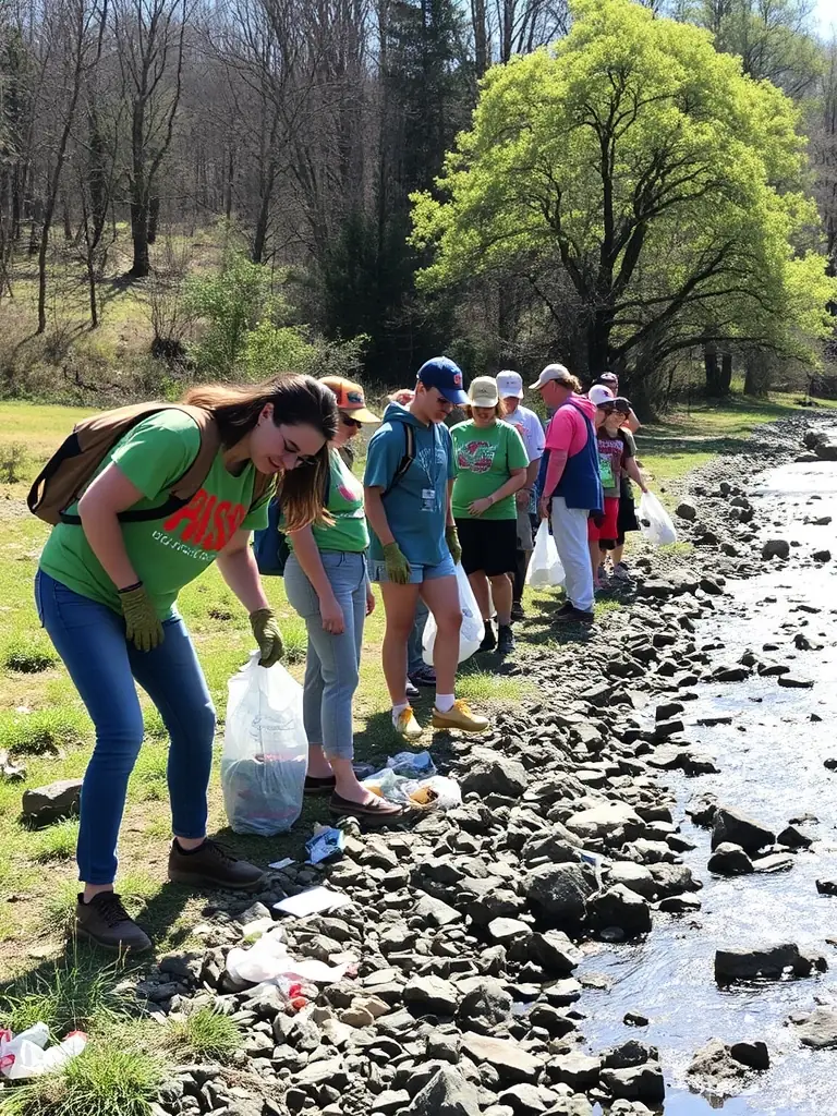 Community members participating in a river cleanup event, removing trash and debris to improve water quality and protect aquatic habitats.
