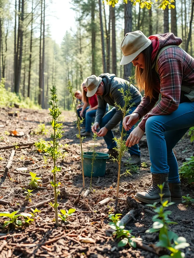 SOCIETE DE CHASSE DANDEL members collaborating with a local environmental organization on a habitat restoration project, planting trees and clearing debris.