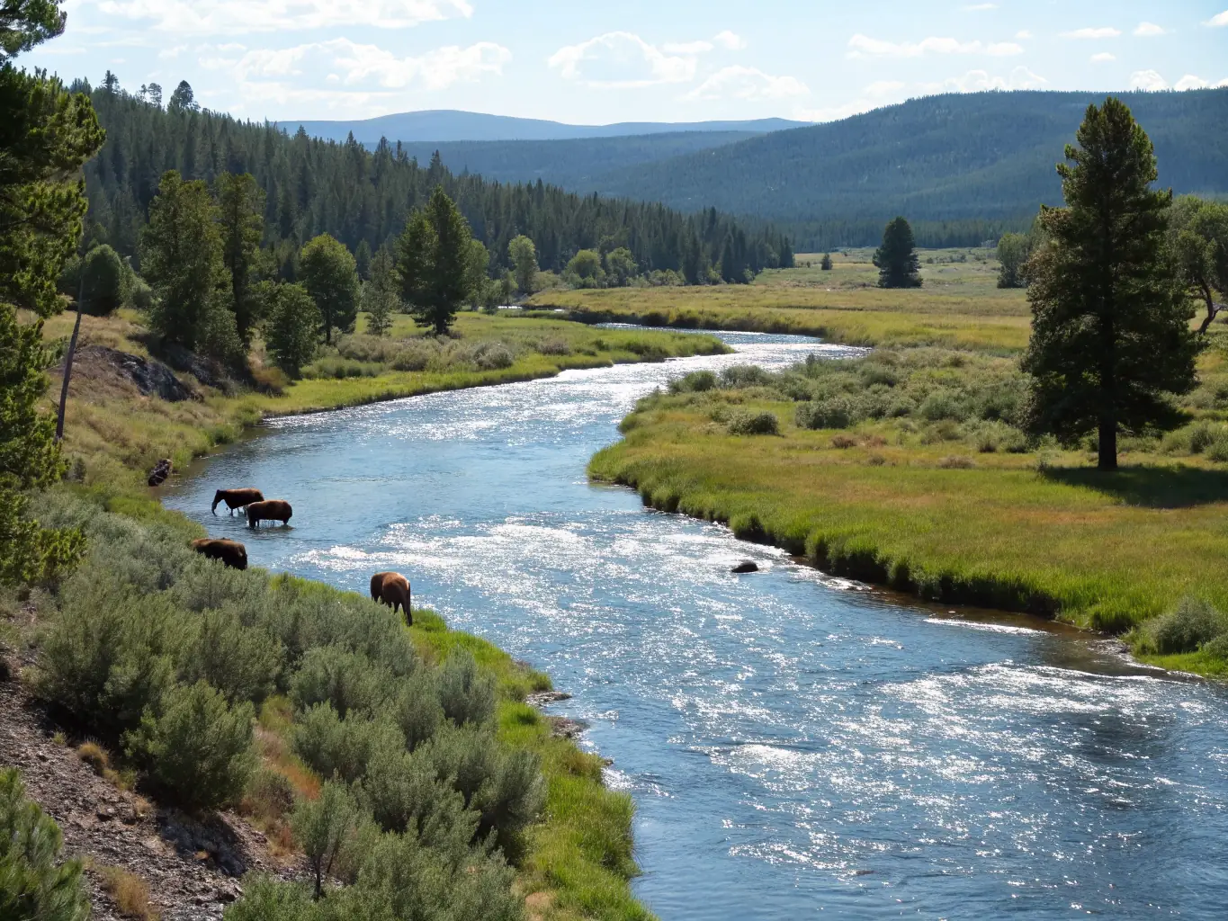 A clean, flowing river with healthy riparian vegetation, symbolizing the pollution prevention measures implemented by SOCIETE DE CHASSE DANDEL. The image should convey a sense of purity and environmental responsibility.