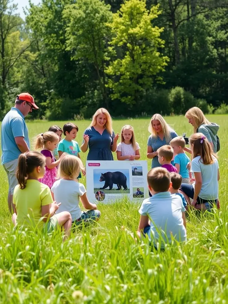 A group of children learning about wildlife tracking from a SOCIETE DE CHASSE DANDEL member in a forest setting, emphasizing hands-on education.