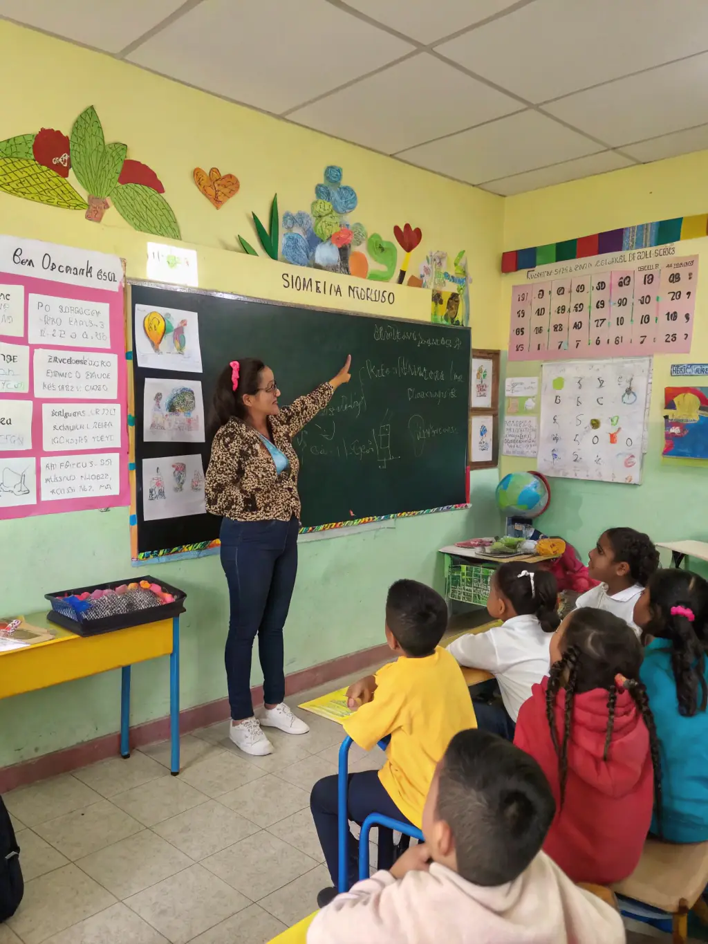 A classroom setting where an instructor is teaching children about local wildlife and the importance of conservation.