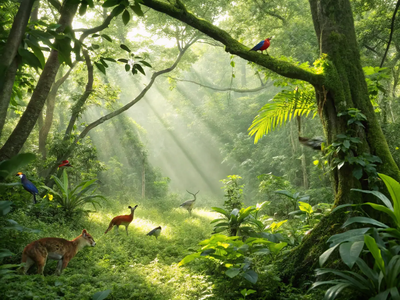 A scenic image of a lush forest with wildlife such as deer and birds, illustrating healthy ecosystems and conservation efforts.