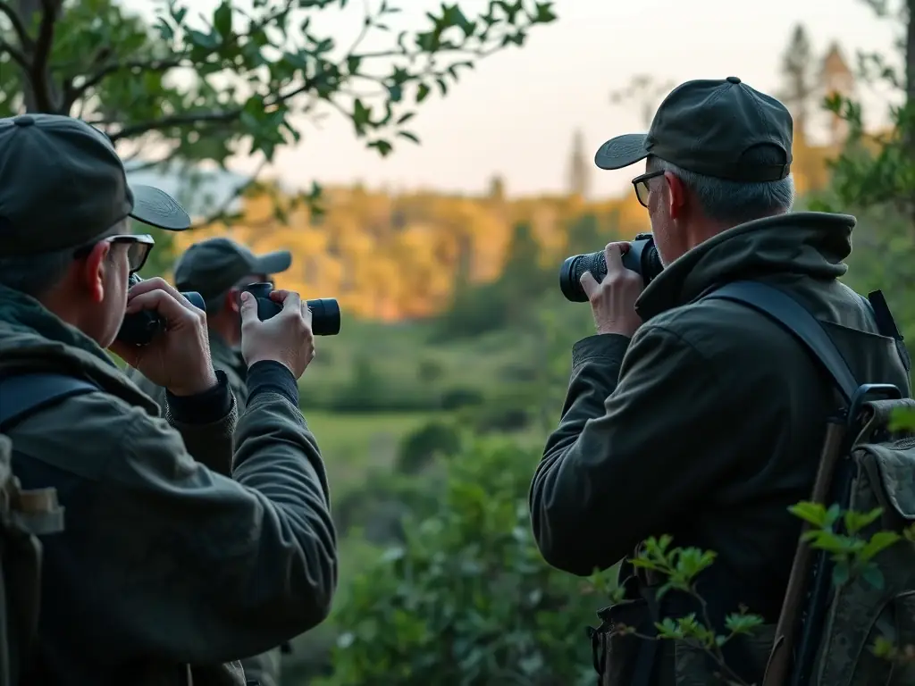 A photograph depicting members of SOCIETE DE CHASSE DANDEL participating in a wildlife census, using binoculars and notebooks to record data in a natural habitat.