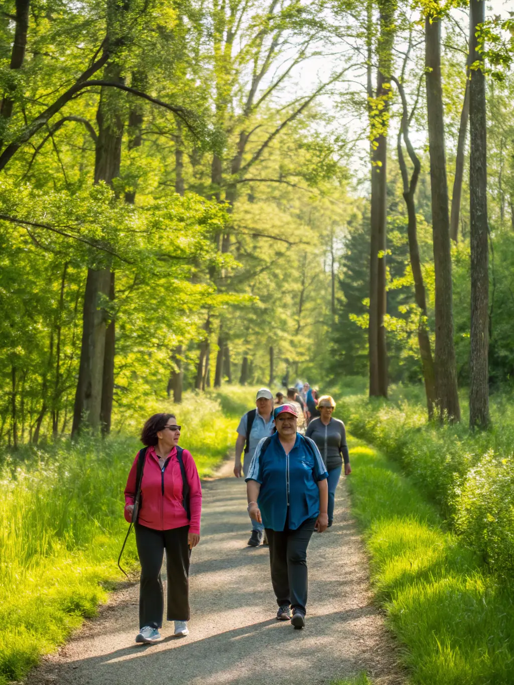 A group of SOCIETE DE CHASSE DANDEL members leading a guided nature walk for the public, pointing out local flora and fauna.