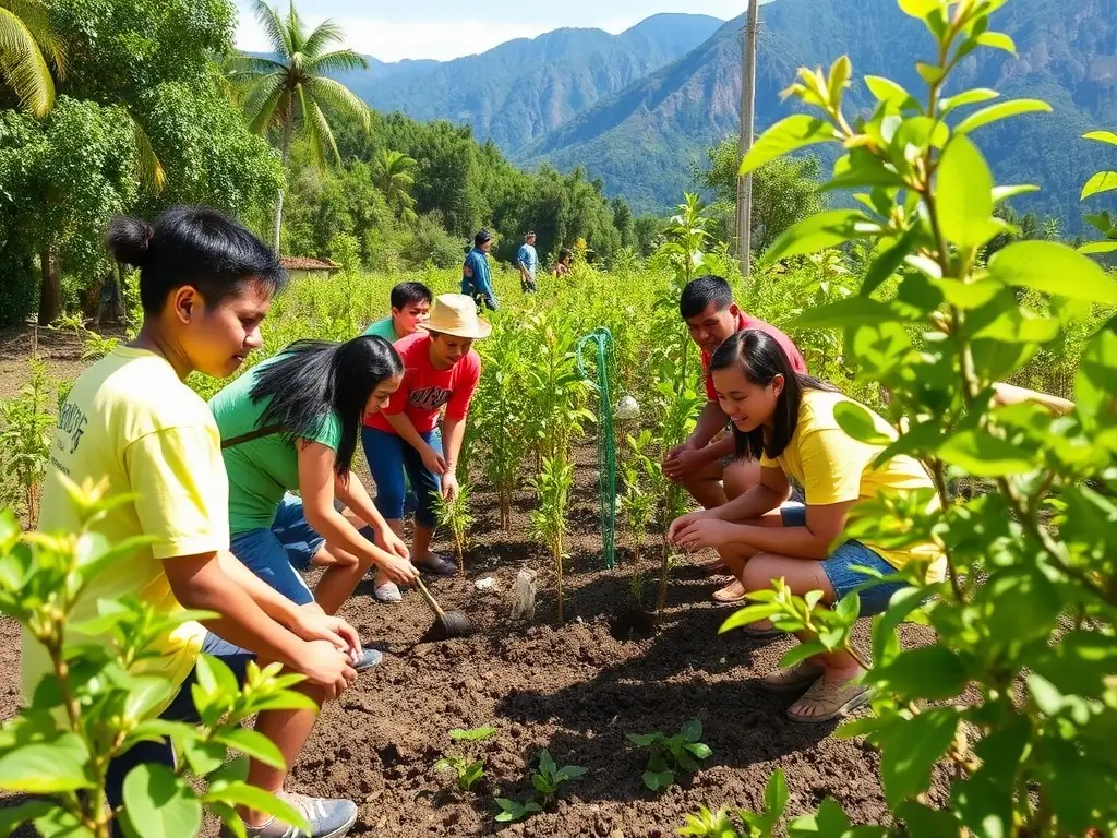 A group of volunteers participating in a habitat restoration project, planting native trees and shrubs in a deforested area. The image should convey a sense of community involvement and environmental stewardship.