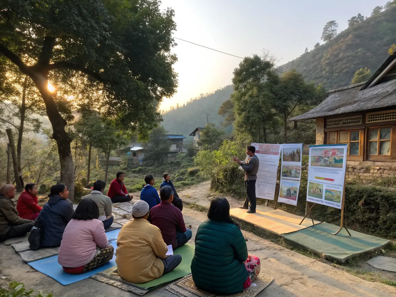 A photograph of a community workshop where participants are learning about sustainable hunting practices and wildlife conservation.