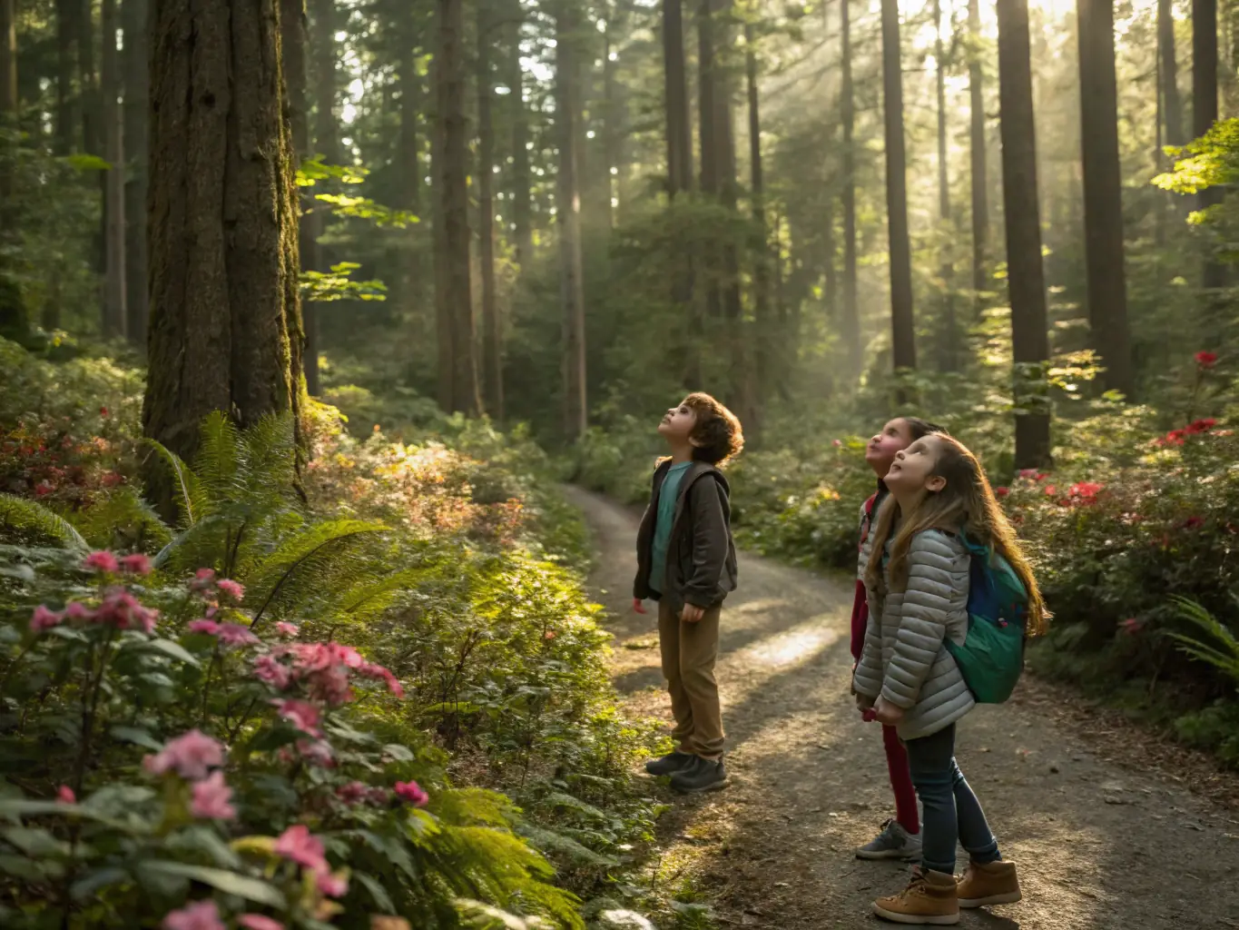 A group of children participating in a nature walk, led by a knowledgeable guide who is pointing out different plant and animal species. The image should evoke a sense of wonder and appreciation for the natural world.