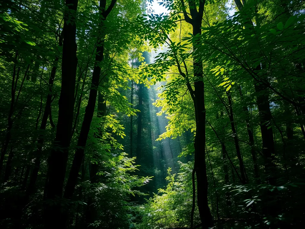 A lush, green forest scene with diverse plant life, symbolizing habitat restoration efforts by SOCIETE DE CHASSE DANDEL. The image should convey a sense of renewal and ecological balance.