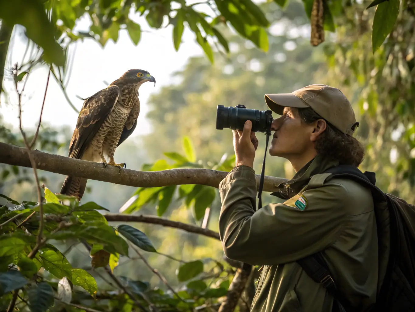 A wildlife biologist carefully observing and recording data on a local animal species, representing the wildlife monitoring programs conducted by SOCIETE DE CHASSE DANDEL. The image should convey a sense of scientific rigor and dedication to conservation.